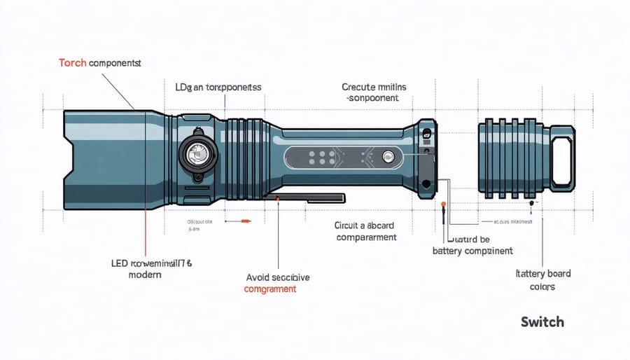 Detailed diagram showing the internal components of a modern torch light