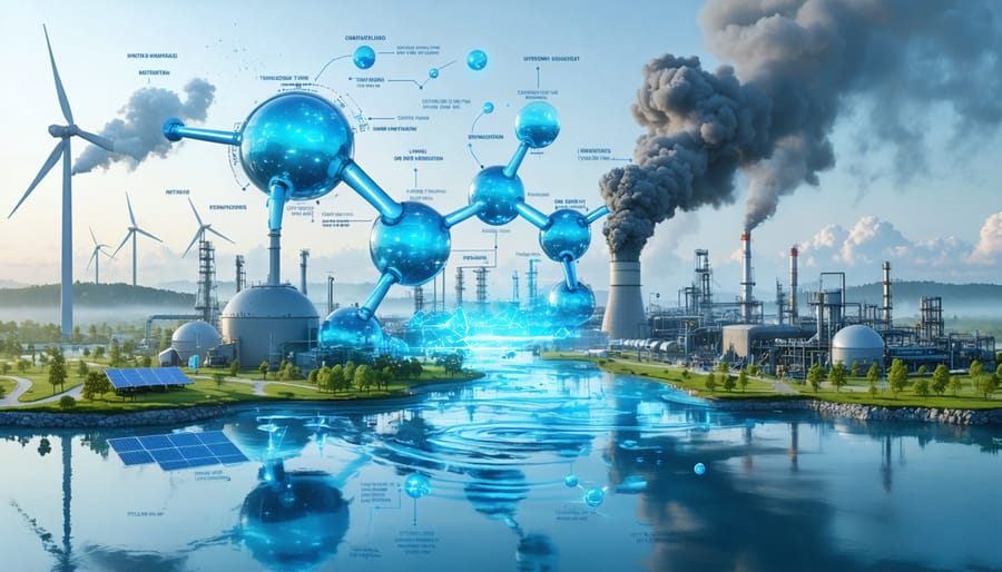 "Digital illustration highlighting the shift from carbon and methane emissions in traditional energy production to green hydrogen made using renewable energy sources, featuring elements like industrial plants, wind turbines, and split water molecules."