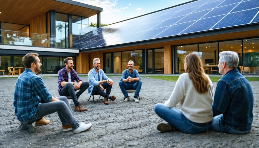 Diverse group of community members and solar developers discussing project plans around a table with solar installation diagrams