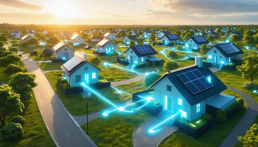A digital illustration of a connected neighborhood where homes share solar energy through a decentralized network, depicting energy flow with arrows.