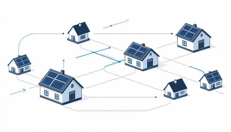 Diagram of interconnected homes sharing solar energy through a decentralized network