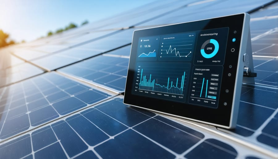 Mobile app interface showing real-time solar production, battery status, and energy consumption metrics