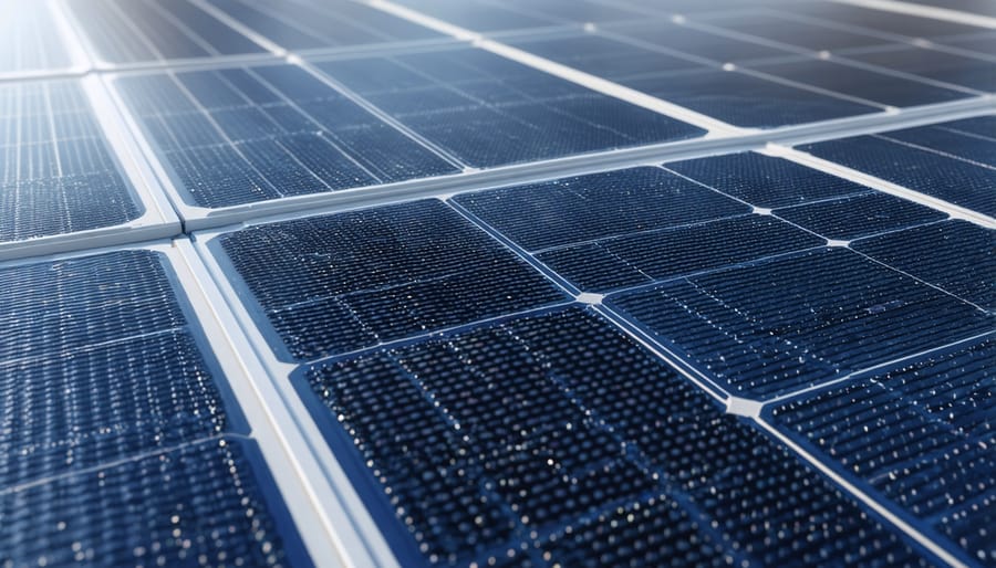 Electron microscope image showing the layered structure of anti-reflective nanocoatings on a solar cell