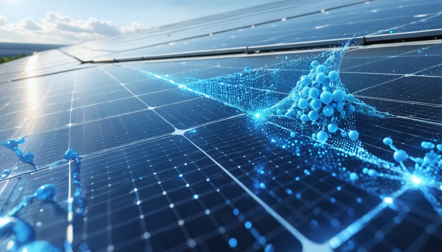 Close-up view of advanced solar panels featuring nano-coatings, with digital molecular overlays representing nanostructure technology and its impact on solar efficiency.