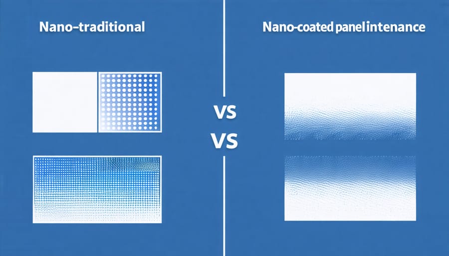 Split-screen illustration showing water droplets beading off nano-coated panel versus dirty traditional panel