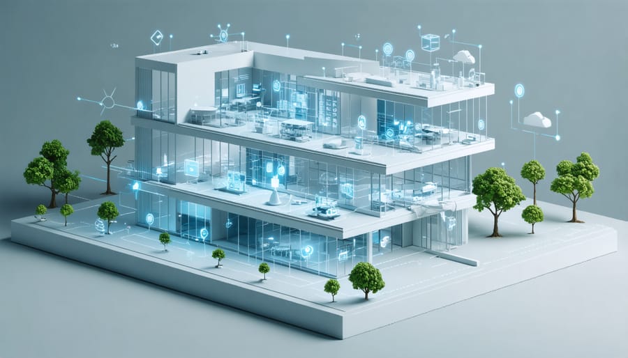 Exploded view diagram of smart building components including solar panels, sensors, and control systems