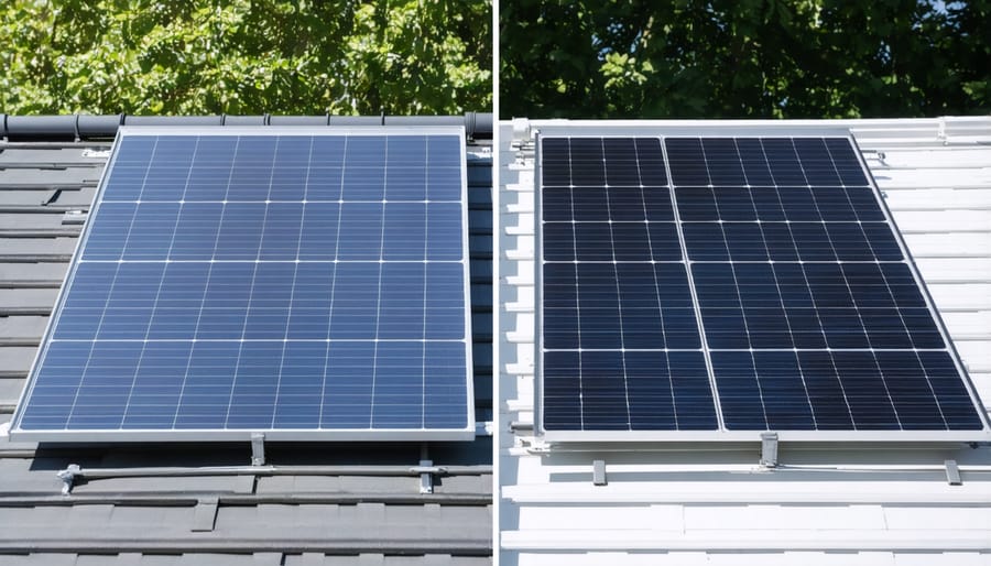 Side-by-side comparison of flat-plate and evacuated tube solar collectors installed on houses