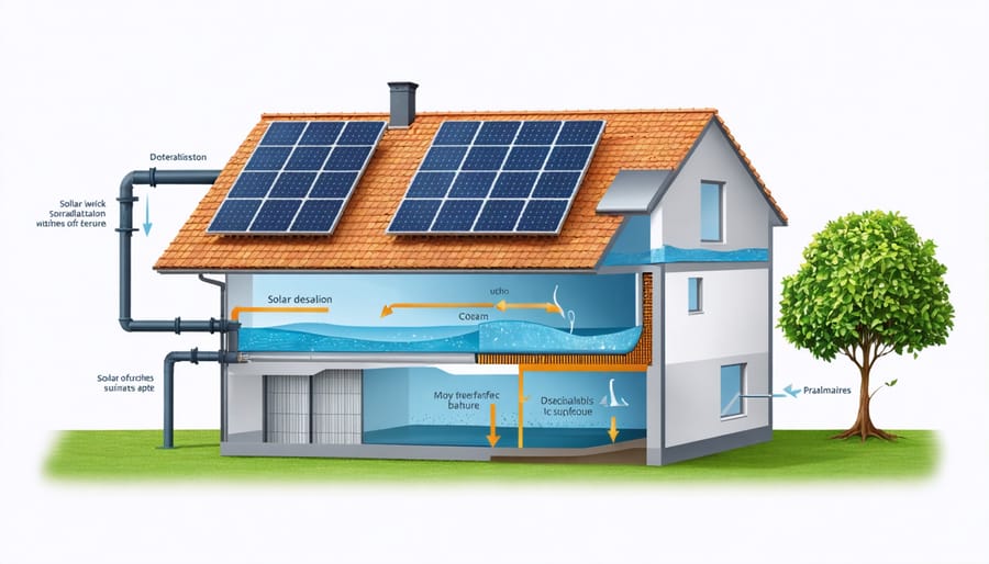 Technical illustration of a residential solar desalination system showing solar collectors, distillation chamber, and water flow