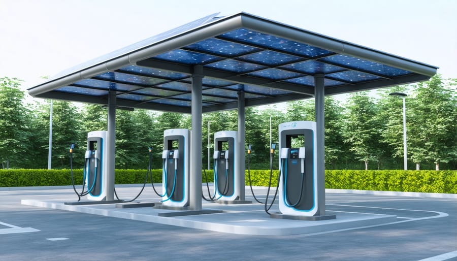 Solar panel covered charging station with several electric vehicles being charged