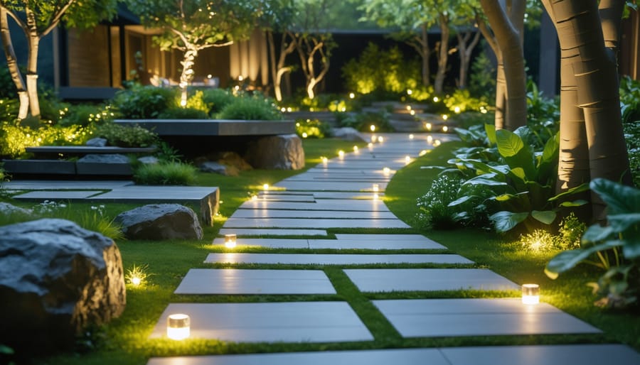 Curved garden pathway lit by sleek solar lights leading through a landscaped garden