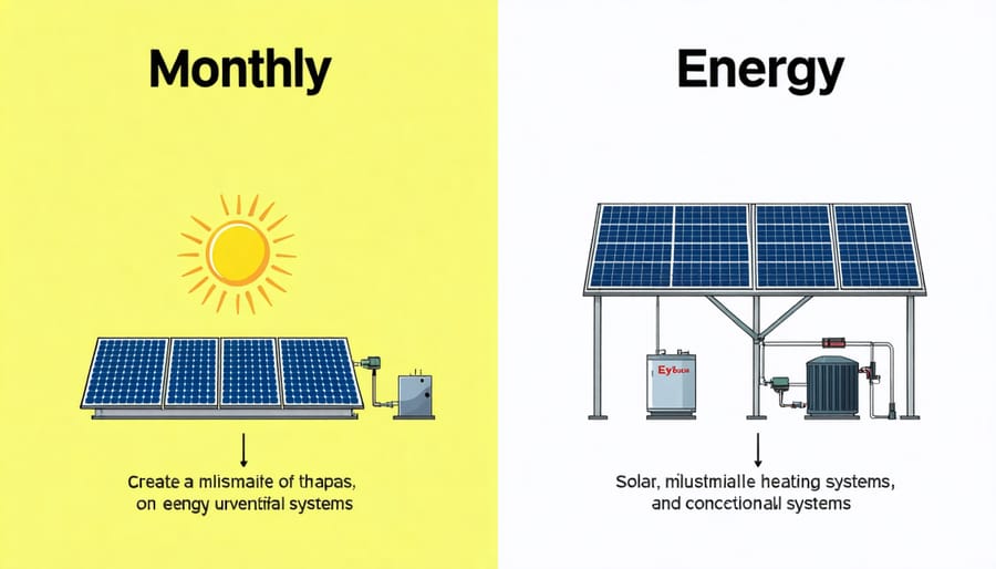 Bar chart comparing monthly water heating costs between solar and traditional systems across different seasons