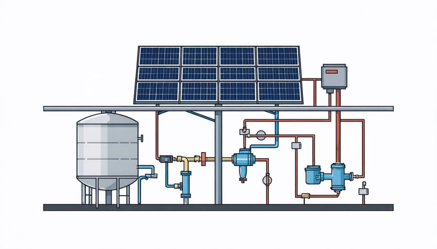 Cross-sectional diagram of a residential solar water heating system showing major components and water flow