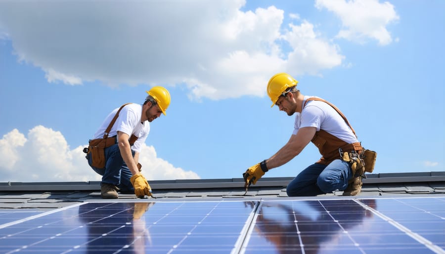 Team of solar installers mounting photovoltaic panels on a house roof