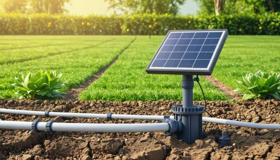 Close-up of solar-powered drip irrigation system among native desert plants