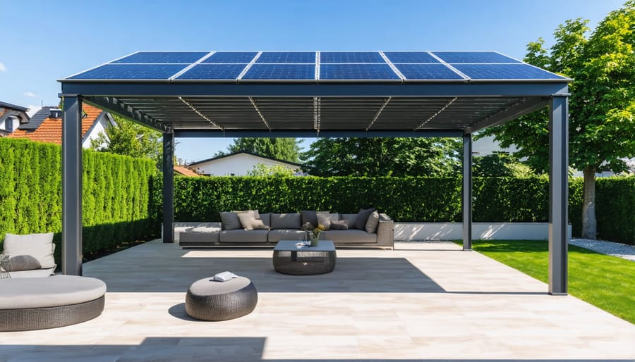 Modern backyard pergola featuring solar panel roof panels over outdoor seating area