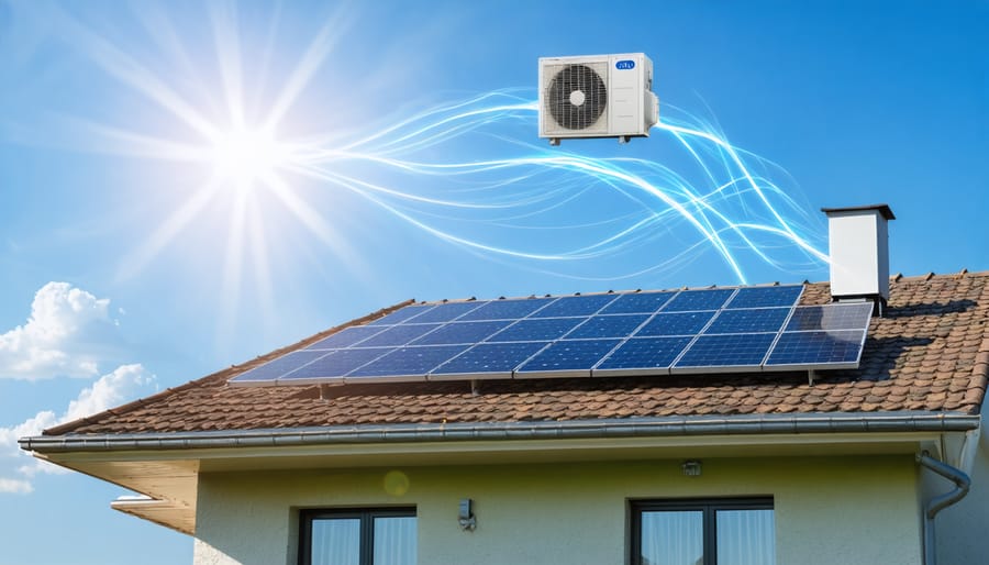A modern home with solar panels on the roof receiving sunlight and an indoor view of a solar-powered air conditioning unit, representing sustainable and efficient cooling.