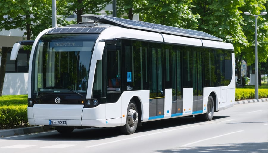 Modern electric bus with integrated solar panels on its roof driving through a city street