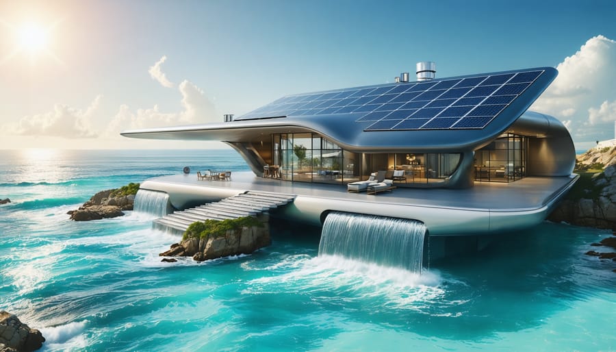 A futuristic coastal home featuring solar panels and desalination equipment providing fresh water, emphasizing sustainability and technological innovation.
