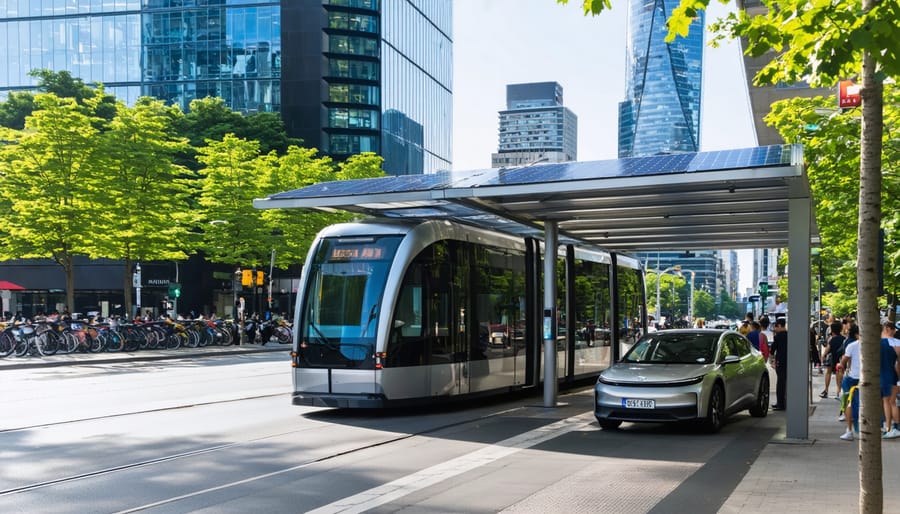 A modern city scene featuring a solar-powered bus with rooftop solar panels in transit and an electric vehicle charging at a solar charging station, showcasing sustainable urban transportation.