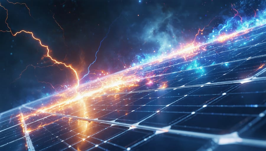 Conceptual illustration of a solar storm impacting a home solar panel system, highlighting protective surge devices and battery backup solutions.