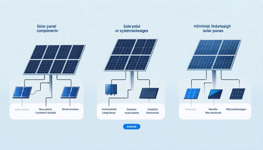 Technical illustration of solar panel system components including panels, inverters, and wiring