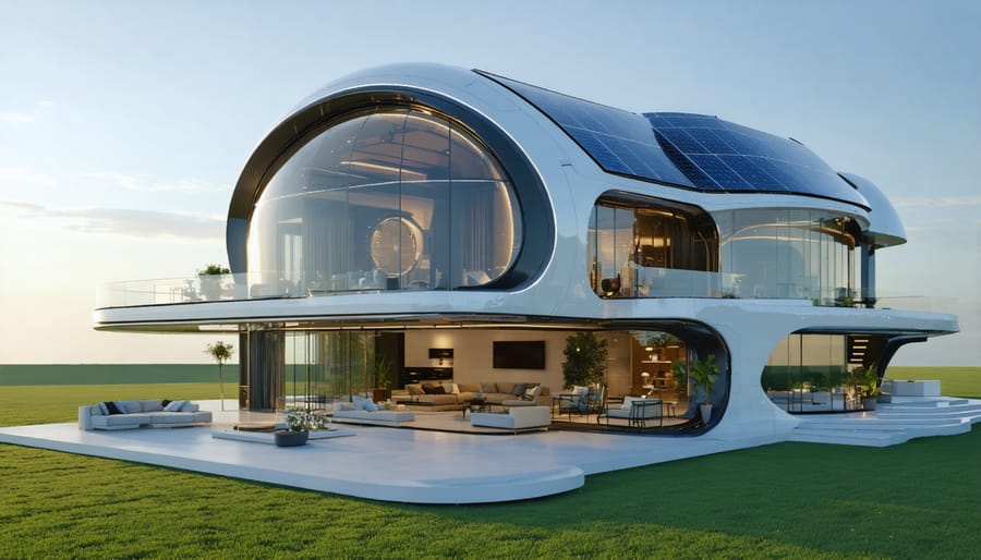 A modern home featuring various solar technologies, including transparent solar windows, solar roof tiles, and flexible solar films, showcasing advanced integration of solar materials.