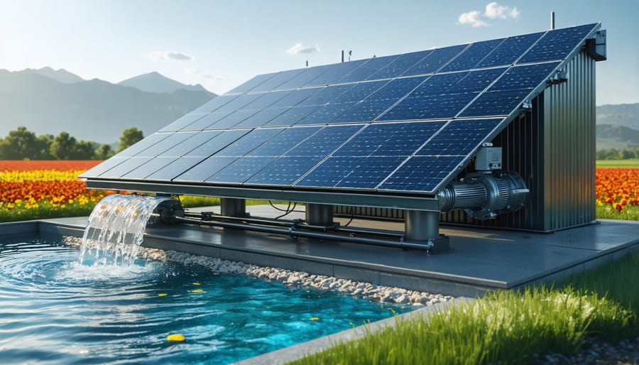 Modern solar water pumping installation showing panels and pump system in operation