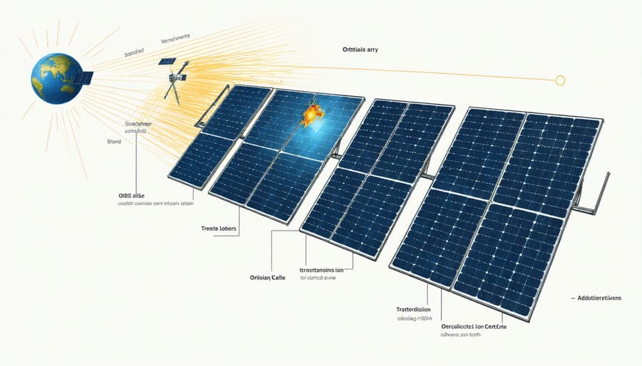 Technical illustration of space-based solar panels beaming energy to Earth-based receivers