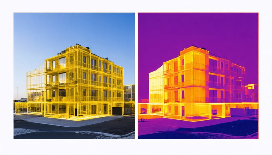 Thermal imaging comparison showing heat loss reduction after building insulation upgrade