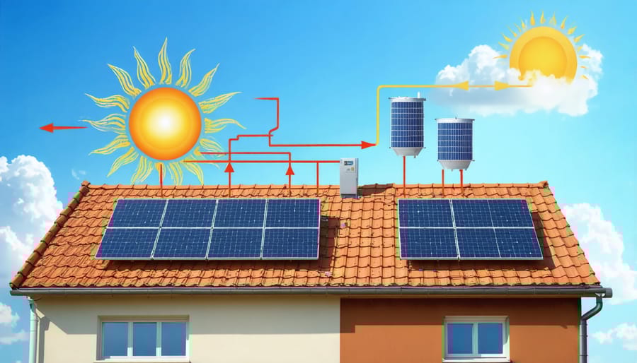 Conceptual illustration of a residential thermal solar water heating system, showing solar collectors on a roof, sun rays indicating energy capture, and arrows to represent heat flow towards a storage tank.