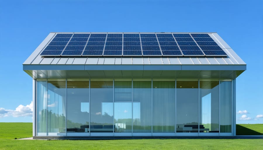 Office building featuring transparent solar panel windows that generate electricity while maintaining visibility