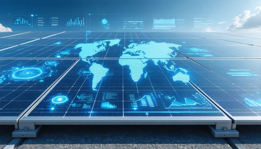 Advanced AI interface overlay on a solar panel grid, depicting real-time data analytics and digital graphs that highlight improved solar panel maintenance and performance.