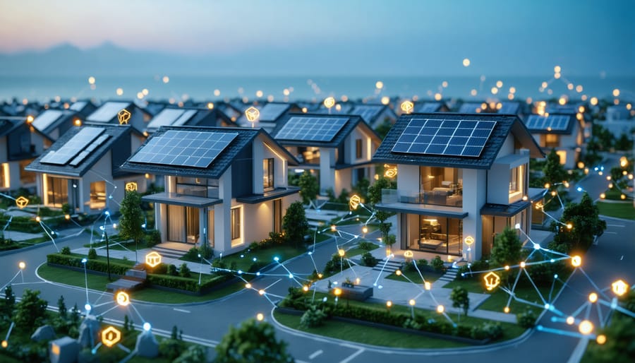 3D illustration of modern homes with solar panels interconnected by blockchain nodes, representing peer-to-peer energy trading network.