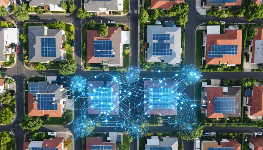 Bird's eye view of community solar project with interconnected homes