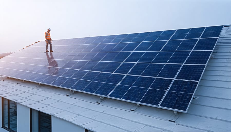 Commercial solar installation with financial calculations showing tax credits and ROI