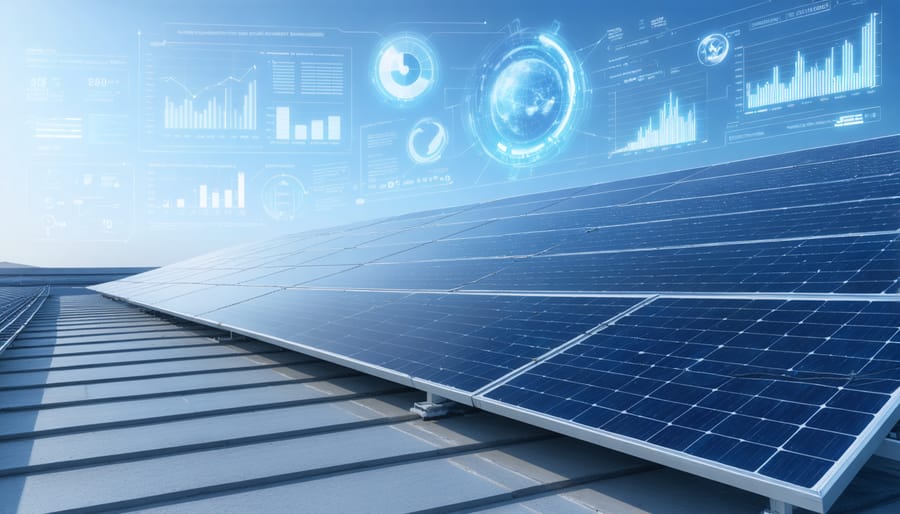 Rooftop solar panels on a corporate building with overlaid financial graphs and tax documentation, emphasizing tax savings and return on investment.