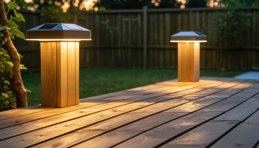 Wooden deck at sunset illuminated by 6x6 solar post cap lights, showcasing their soft glow and sustainable design in a serene outdoor setting.
