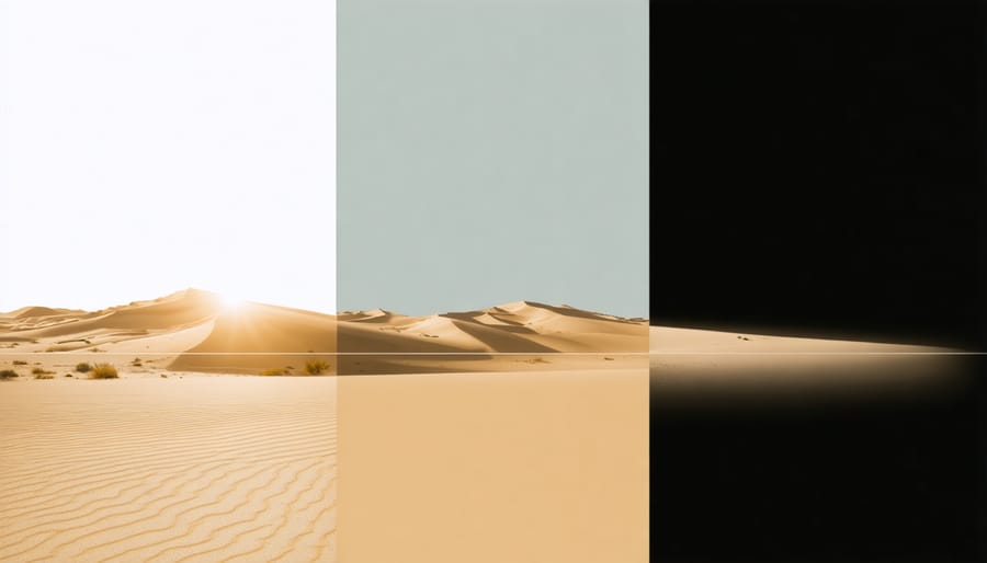Visual comparison of direct sunlight hitting solar panels versus diffuse radiation through desert dust