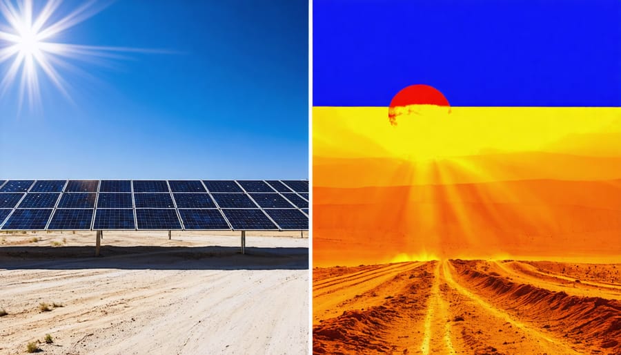Illustration showing direct sunlight striking solar panels with sharp shadows on one side, contrasted with diffuse sunlight softly illuminating a dusty desert atmosphere on the other side.