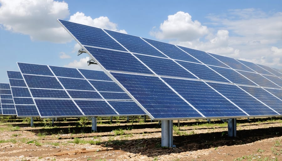 Emergency workers setting up portable solar panels after a natural disaster