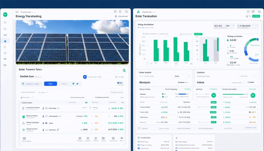 Digital interface displaying peer-to-peer energy trading platform with smart contracts