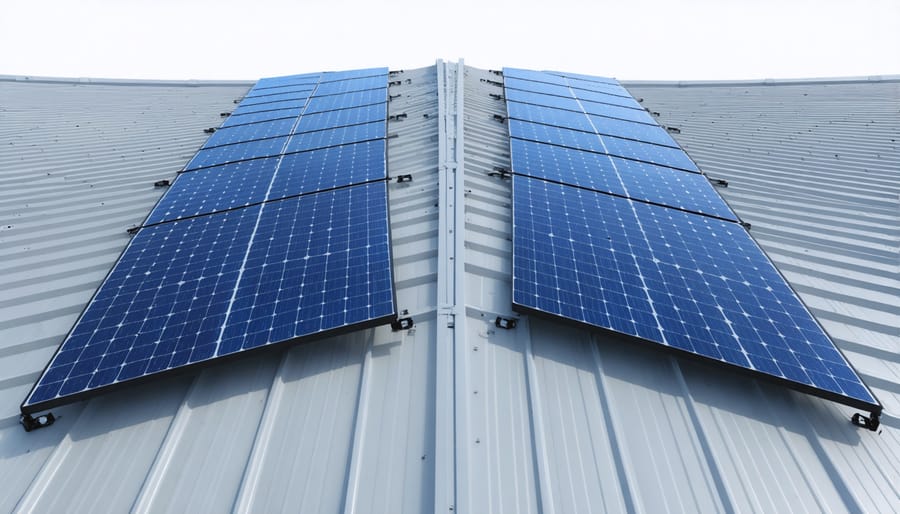 Comparison showing flexible perovskite solar panels conforming to curved roof versus rigid traditional panels