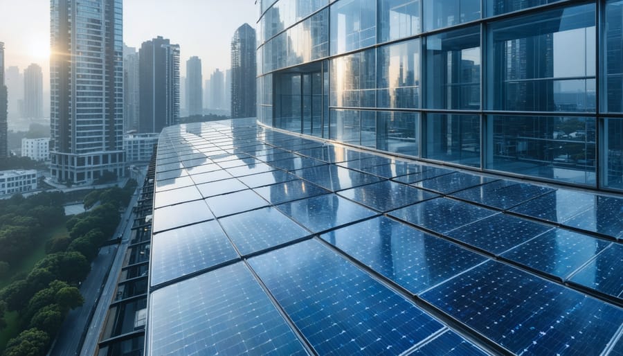 A modern city with buildings featuring flexible and transparent halide perovskite solar panels seamlessly integrated into windows and curved structures, symbolizing the innovative use of solar technology in urban architecture.