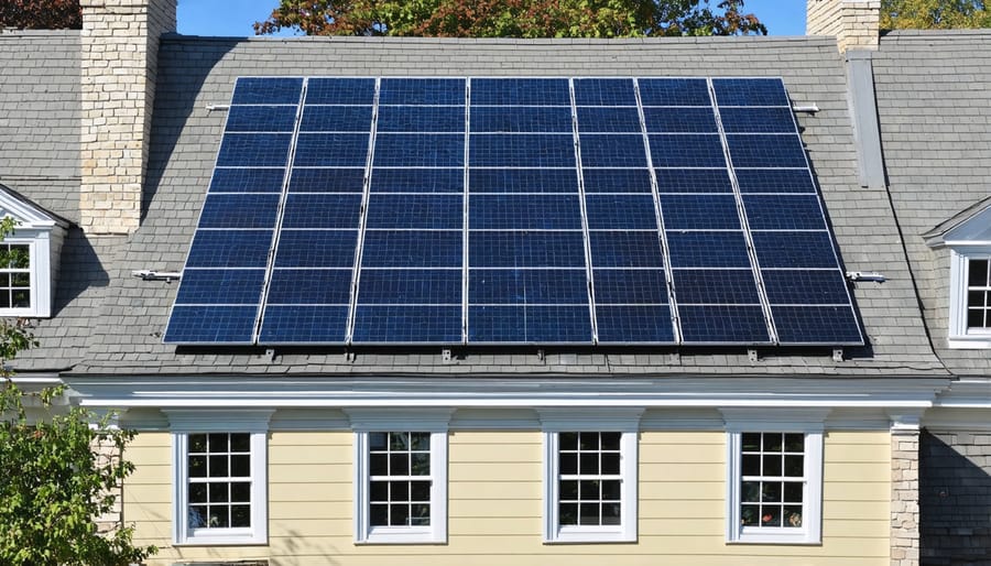 A historic building facade with inconspicuous, low-profile solar panels integrated into traditional roofing, demonstrating the seamless blend of modern clean energy technology with classic architectural heritage in a historic district setting.