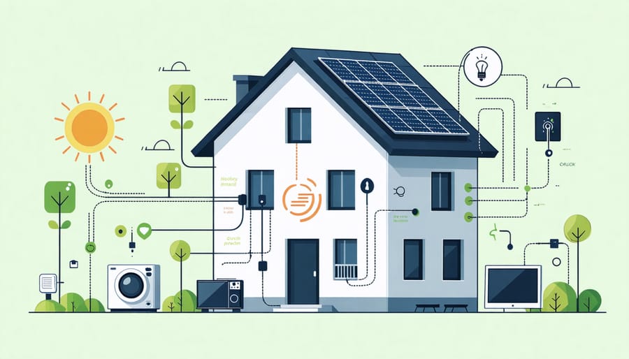 Diagram of intelligent energy distribution system in a solar-powered smart home