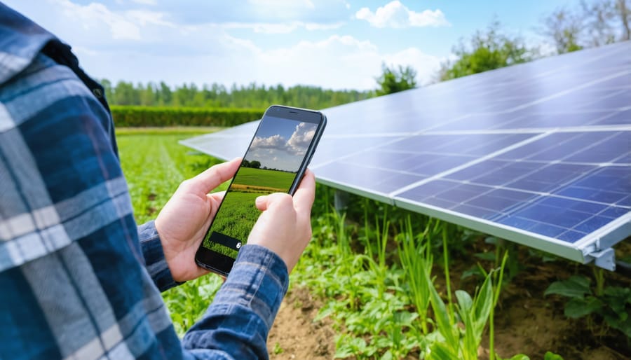 Farmer adjusting irrigation settings through mobile app interface with solar installation visible