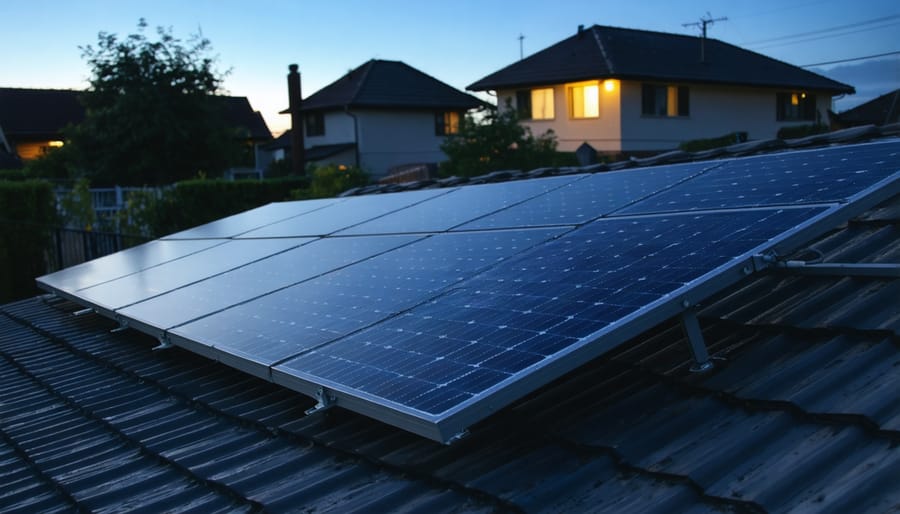 Home with illuminated solar-powered lights during neighborhood blackout