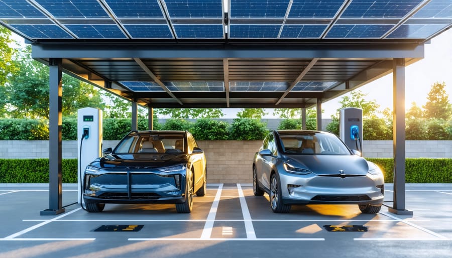 Solar panel covered parking structure with electric vehicles charging underneath