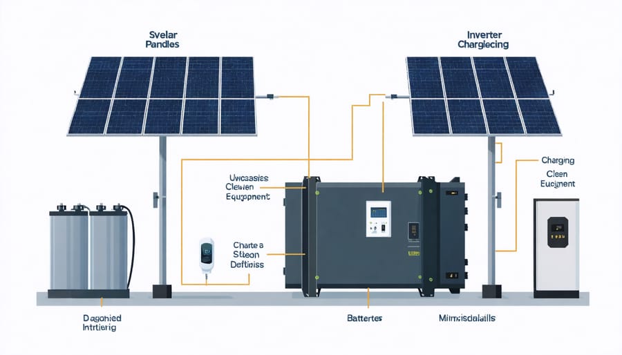 Technical diagram illustrating the main components of a solar-powered EV charging station system