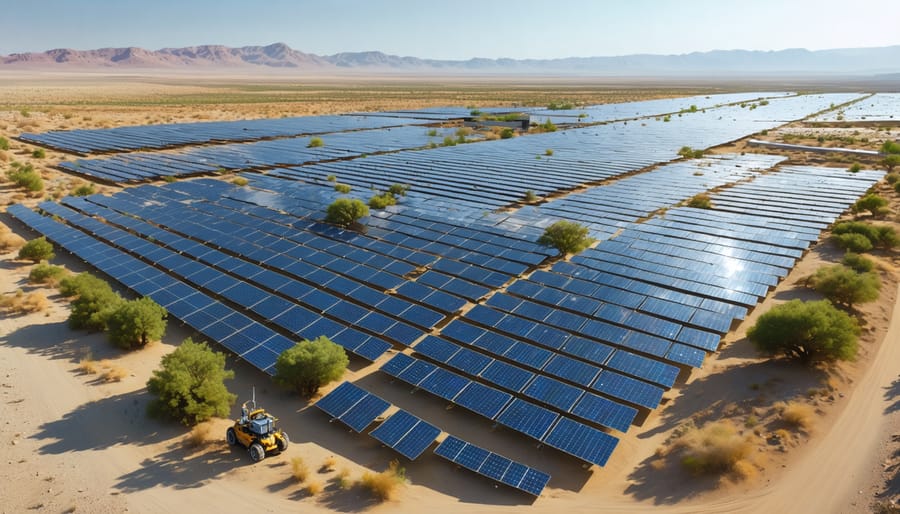 Aerial view of a solar farm in a semi-desert environment with robotic cleaners on solar panels and green vegetation between the panels, illustrating water conservation efforts.